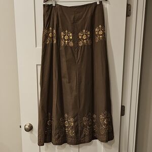 Floral Embroidered Maxi Skirt in Brown